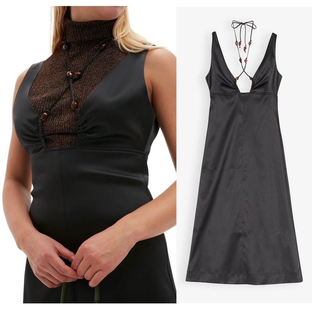 GANNI Satin Beaded Crisscross Halter Tie V-Neck Empire Waist Sleeveless Dress‎ S - Picture 14 of 14
